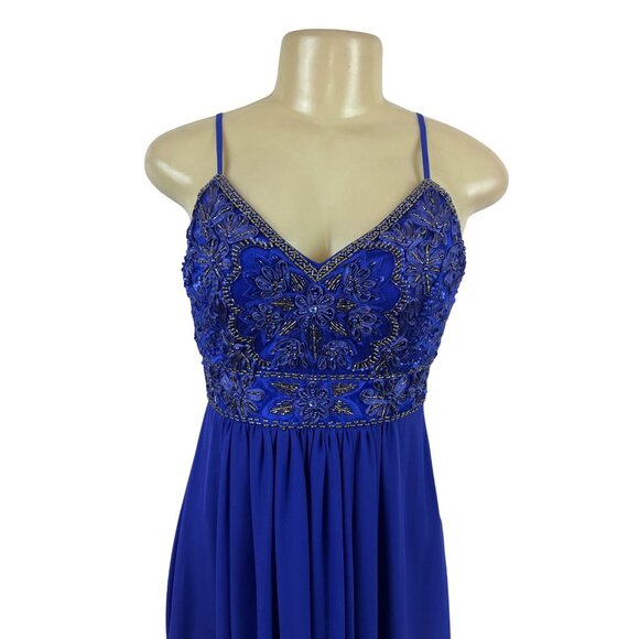 Sue Wong Royal Blue Beaded Maxi Dress With Spaghetti Straps & V-Neckline Size 2 - Picture 4 of 9